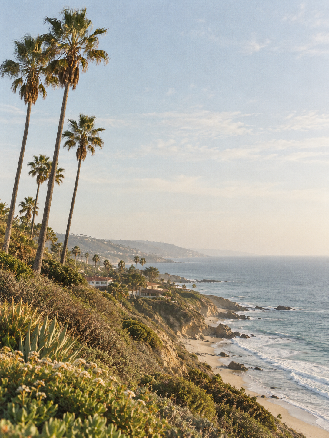 Decorative coastal landscape with palms
