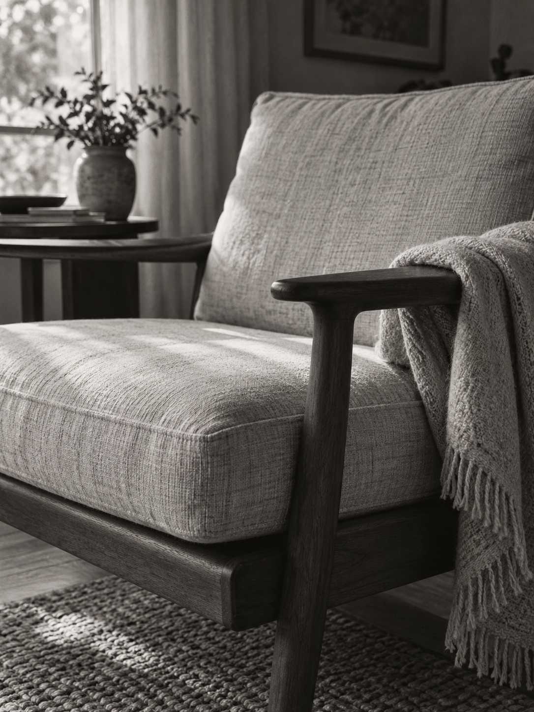 Decorative black and white photograph of a quiet armchair